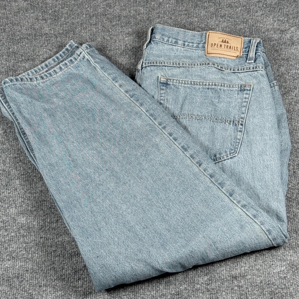 Vintage 90s Open Trails Jeans 38x30 Light Wash Denim Cotton Straight Leg Classic